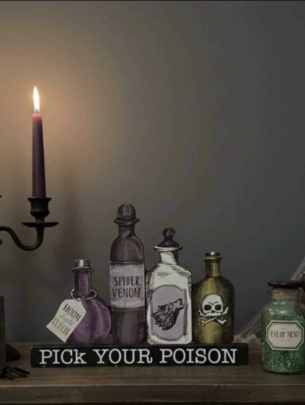 Halloween 'Pick Your Poison' Decorative Bottle Set Sign - Purple/White/Gold